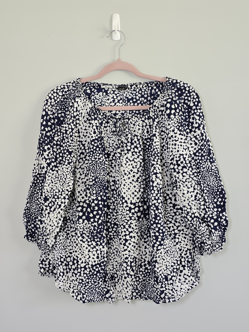 Talbots Navy White Abstract Print Peasant Blouse 2XP Plus Petite Boho Top